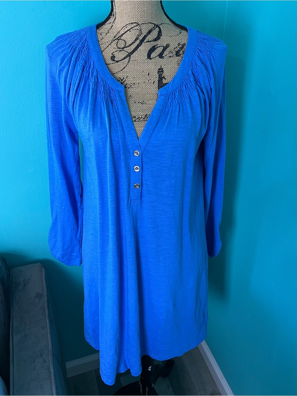 Lilly Pulitzer 3/4 Sleeve Blue Essie V-neck Mini Dress Size Small with Ruching